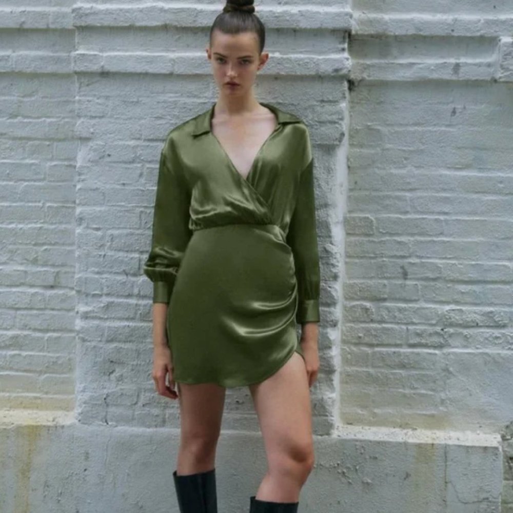 Zara silk collared green dress